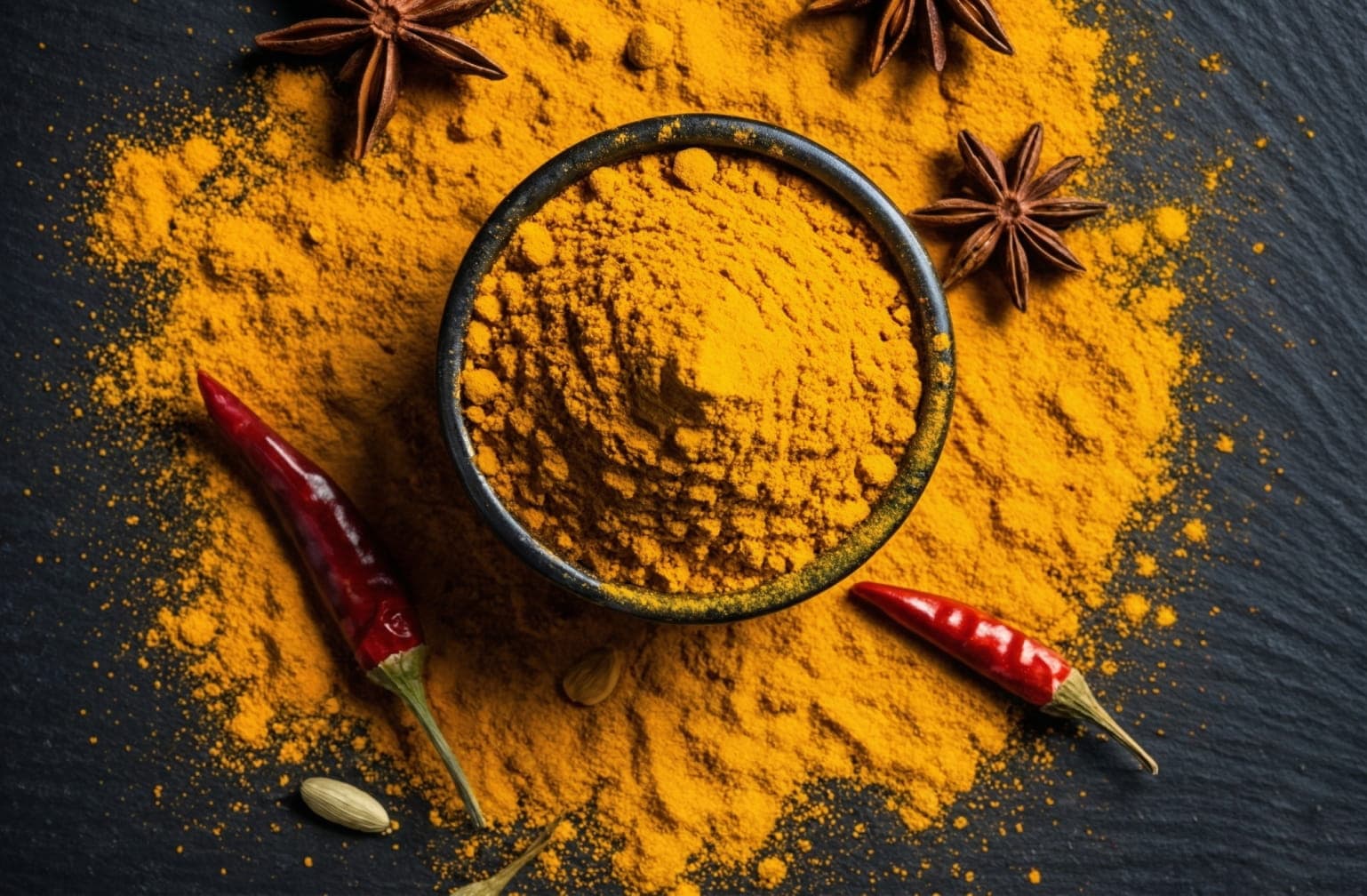 Top down macro shot of vibrant colorful Indian spices including turmeric powder, chili, and star anise scattered on a dark stone surface with dramatic lighting